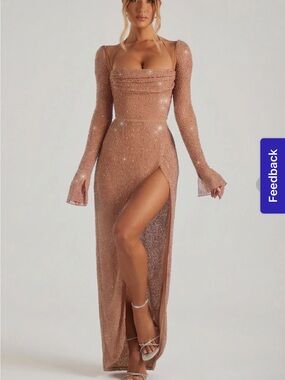 Sparkle Long Sleeve High-Slit Evening Gown - Rose Gold